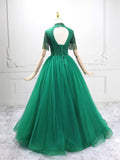 A-Line Tulle Beads Green Long Prom Dress, Green Long Evening Dress