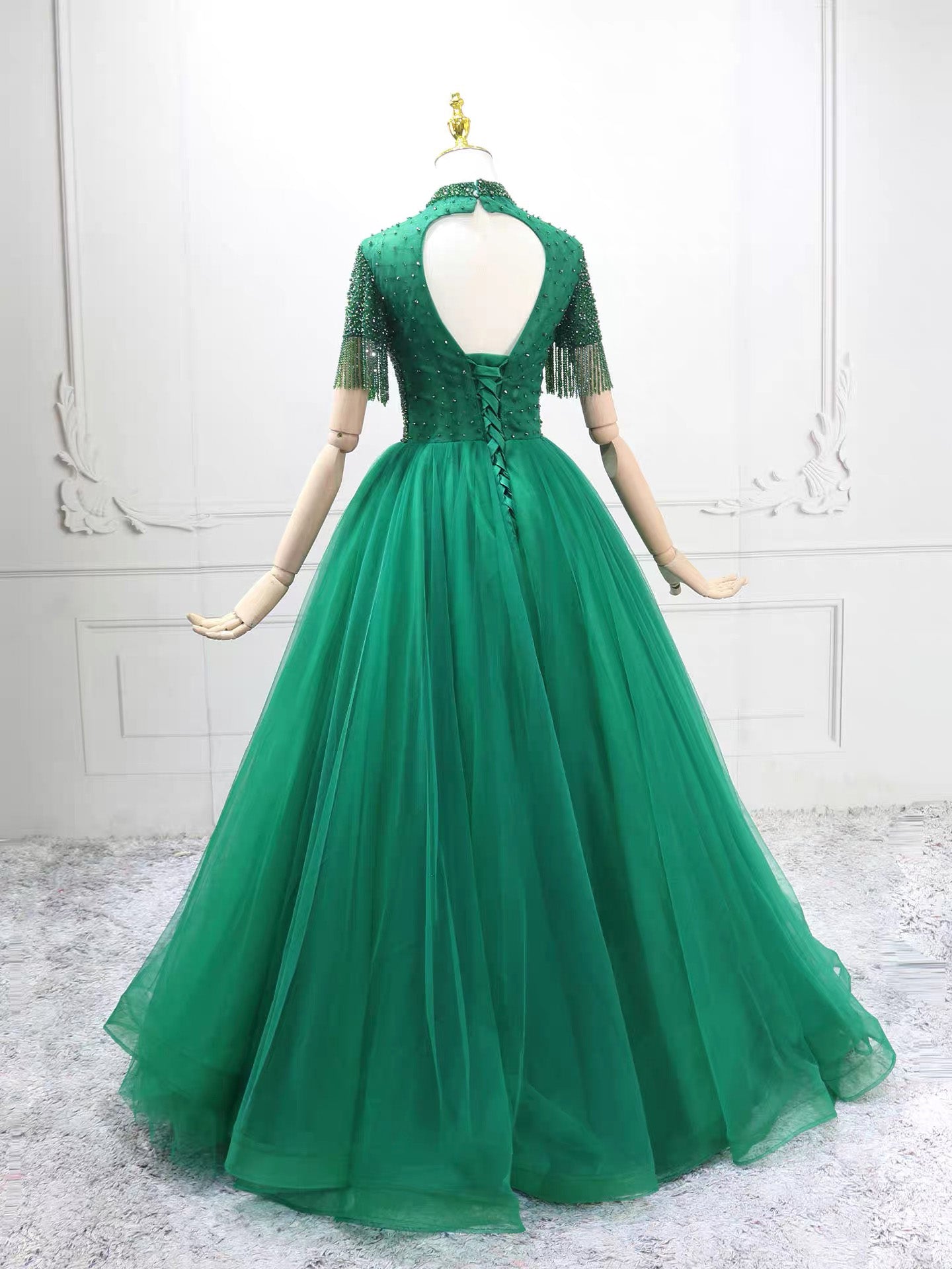 A-Line Tulle Beads Green Long Prom Dress, Green Long Evening Dress