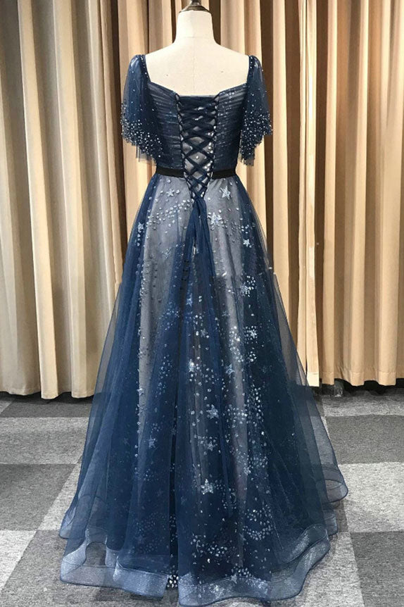 Dark blue tulle long prom dress, blue tulle evening dress