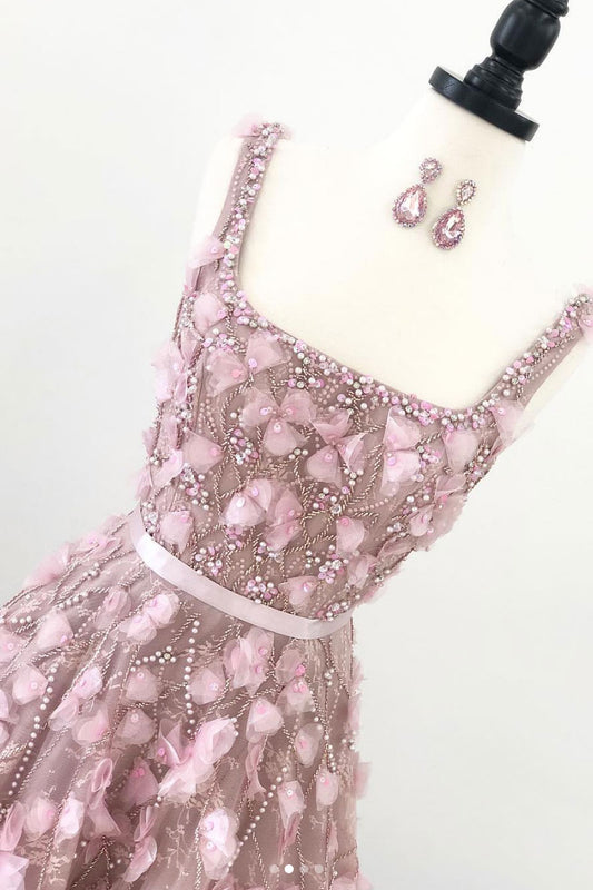 Unique pink tulle long prom dress, tulle evening dress