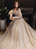 Champagne v neck tulle long prom dress, champagne evening dress