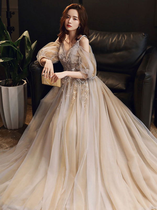 Champagne v neck tulle long prom dress, champagne evening dress