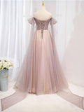 Pink tulle off shoulder long prom dress, pink tulle formal dress