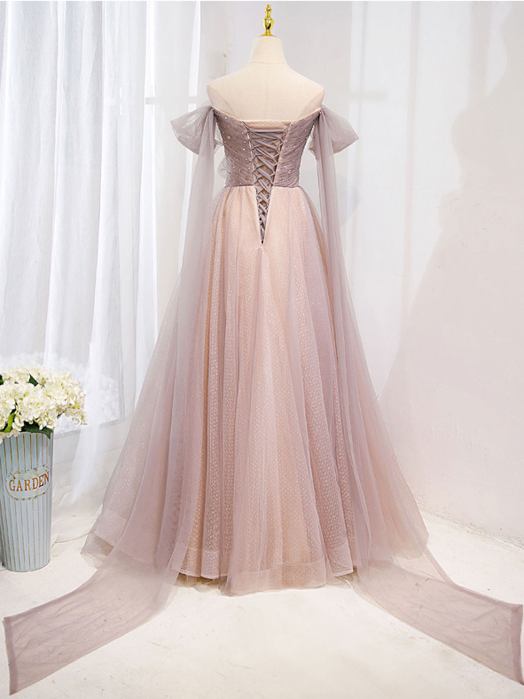 Pink tulle off shoulder long prom dress, pink tulle formal dress
