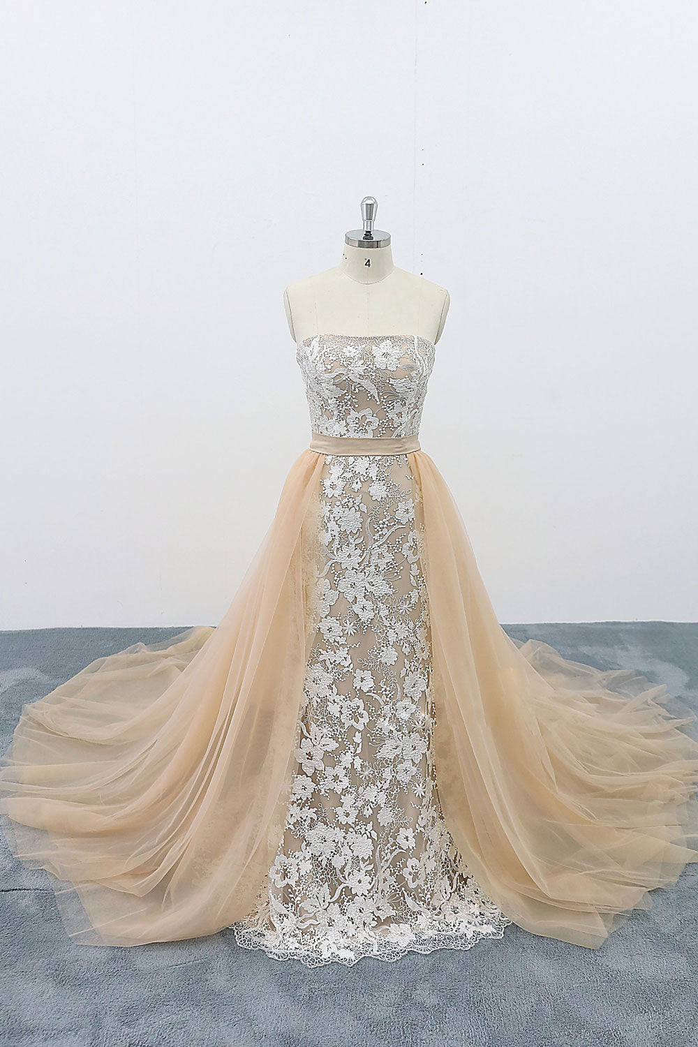 Champagne tulle lace long prom dress, champagne lace evening dress