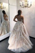 Champagne tulle lace long prom dress lace long evening dress
