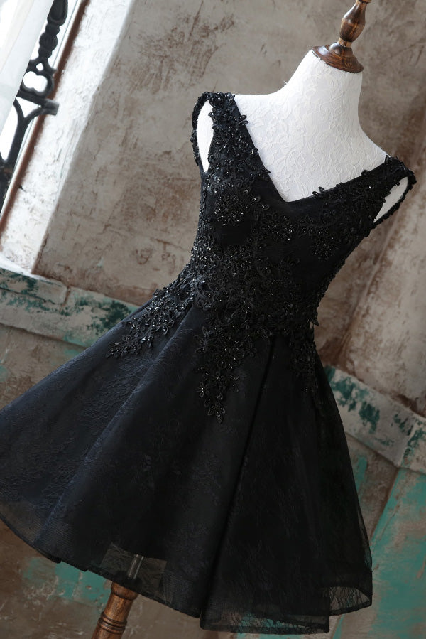 Black v neck tulle lace short prom dress black homecoming dress