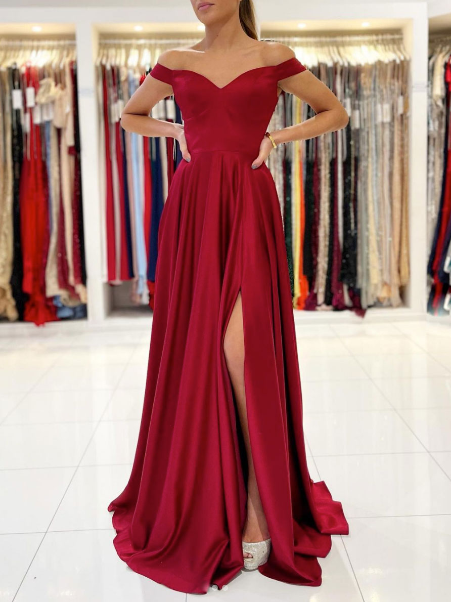 Simple sweetheart satin long prom dress burgundy bridesmaid dress