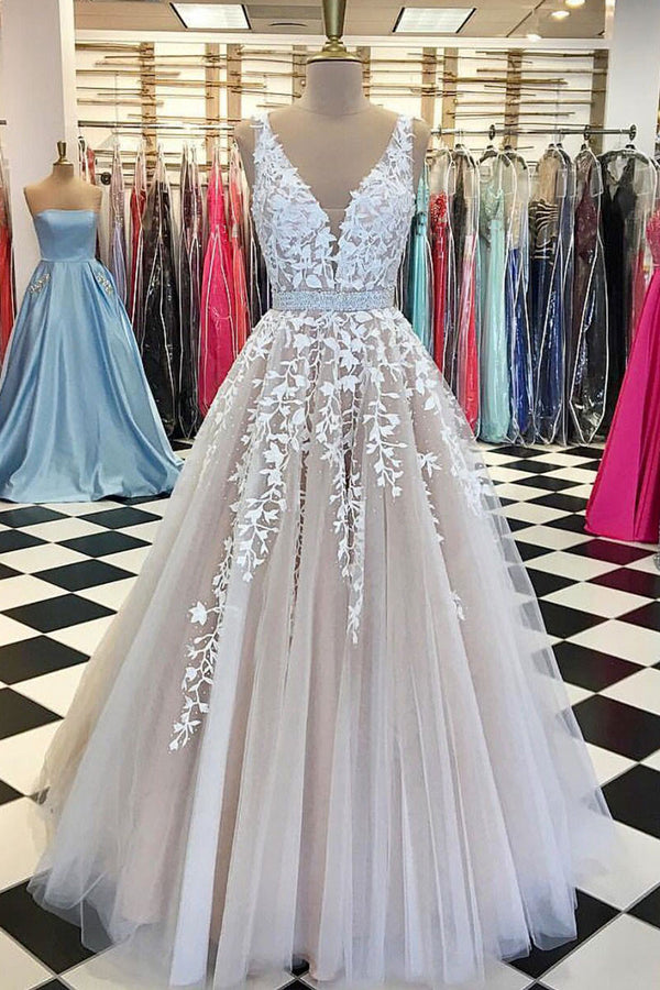 Champagne v neck tulle lace long wedding dress, tulle prom dress