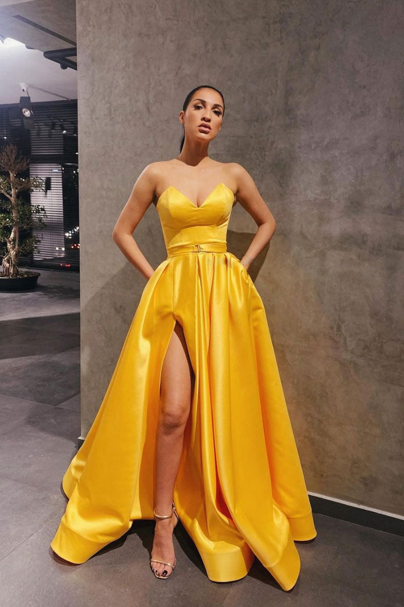 Yellow satin long prom dress simple yellow bridesmaid dress