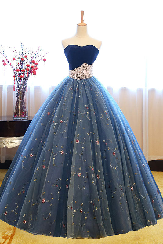 Blue sweetheart neck tulle long prom gown, blue sweet 16 dress