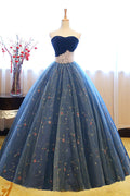 Blue sweetheart neck tulle long prom gown, blue sweet 16 dress