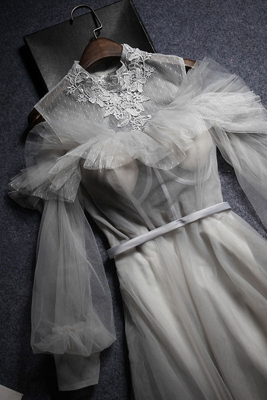 Gray tulle lace long prom dress, gray tulle evening dress