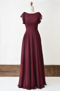 Simple burgundy chiffon long prom dress, burgundy evening dress