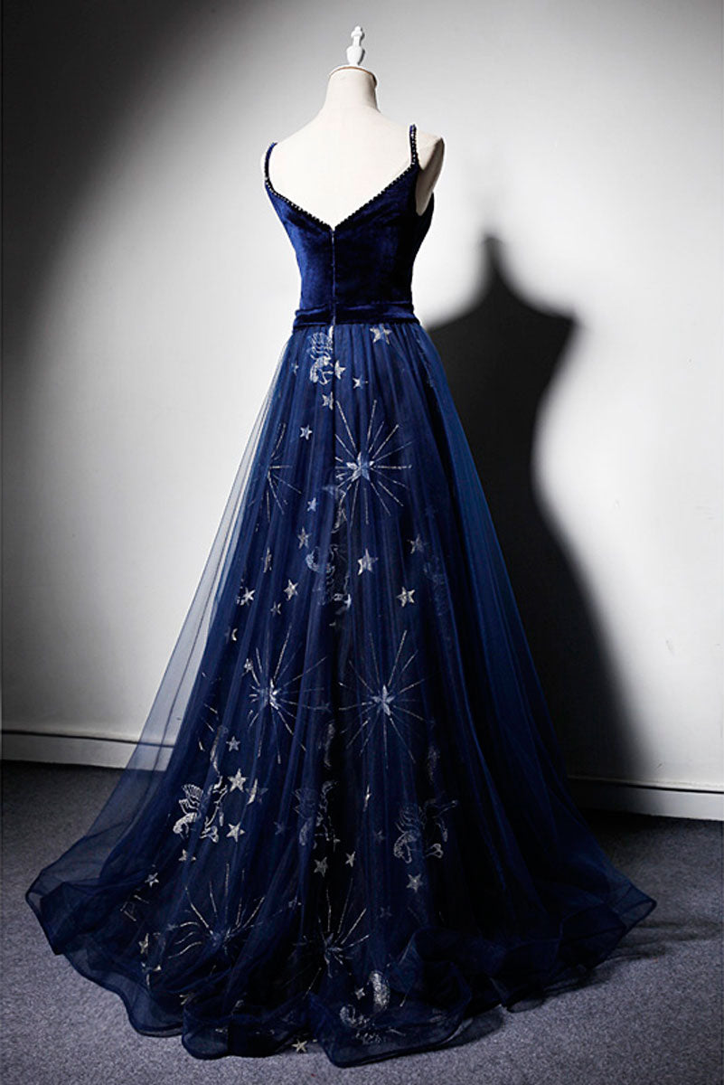 Blue v neck tulle long prom dress, blue tulle evening dress