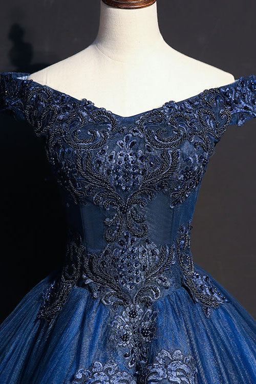 Blue v neck tulle beads long prom dress, blue evening dress