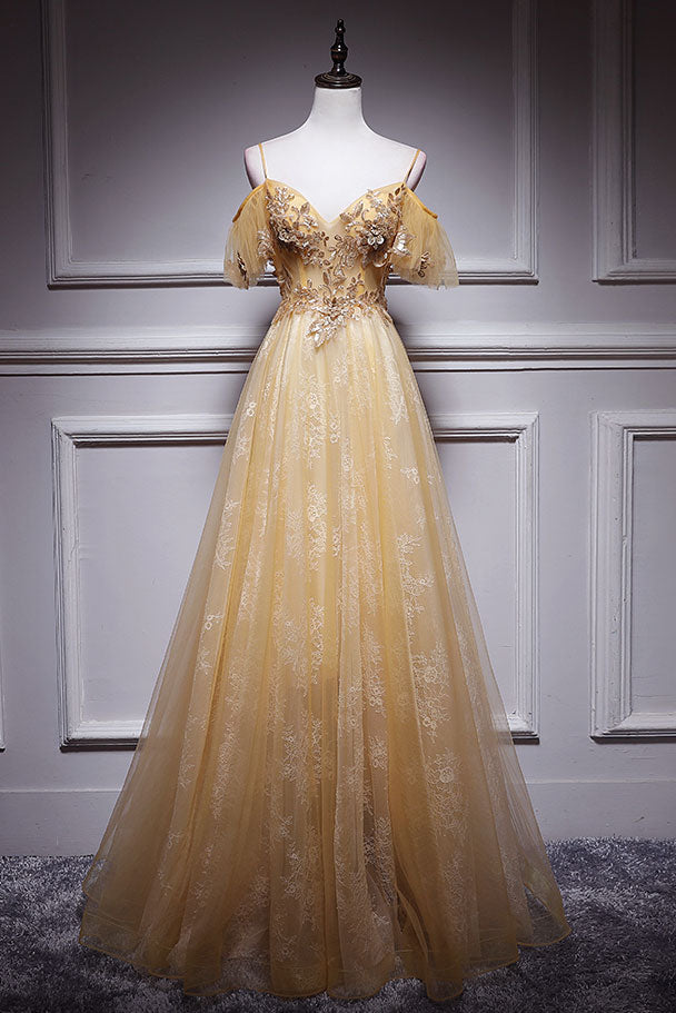 Champagne tulle lace long prom dress, champagne evening dress