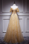 Champagne tulle lace long prom dress, champagne evening dress