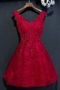 Burgundy v neck lace short prom dress, burgundy homecoming dress