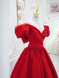 Red v neck satin long prom dress, red evening dress