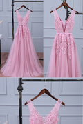 Pink v neck lace applique tulle long prom dress, pink bridesmaid dress