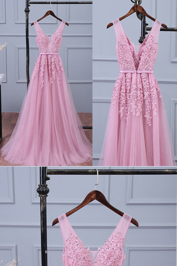Pink v neck lace applique tulle long prom dress, pink bridesmaid dress