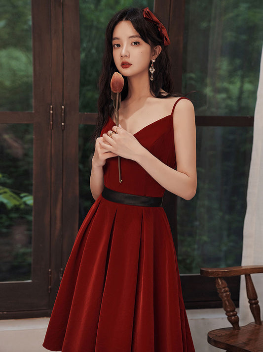 Burgundy velvet v neck short prom dress, burgundy homecoming dress