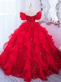 Red Sweetheart Neck Sequin Organza Long Prom Gown, Red Long Evening Dress