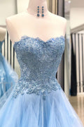 Blue sweetheart neck tulle lace long prom dress, blue lace evening dress
