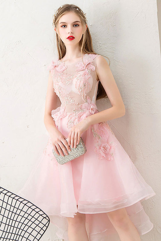 Pink tulle lace short prom dress, pink homecoming dress