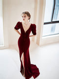 Burgundy V neck Velvet Long Prom Dress, Burgundy Formal Evening Dress