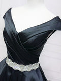 A-Line V Neck Satin Black Long Prom Dress, Black Long Evening Dress