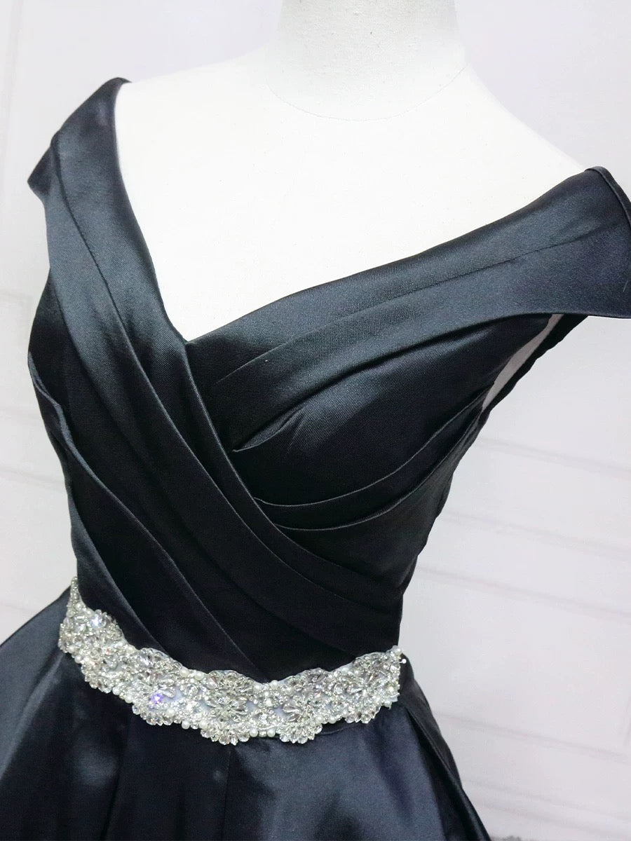A-Line V Neck Satin Black Long Prom Dress, Black Long Evening Dress