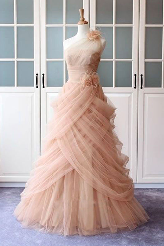 Unique pink tulle long prom dress, pink evening dress