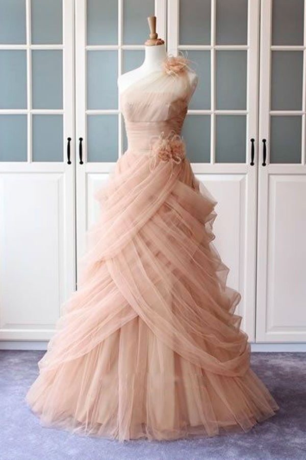 Unique pink tulle long prom dress, pink evening dress