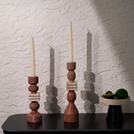 Modern Sculptural Bead Stone Candle Holder | Set of 2 Natural Stone Taper Holders