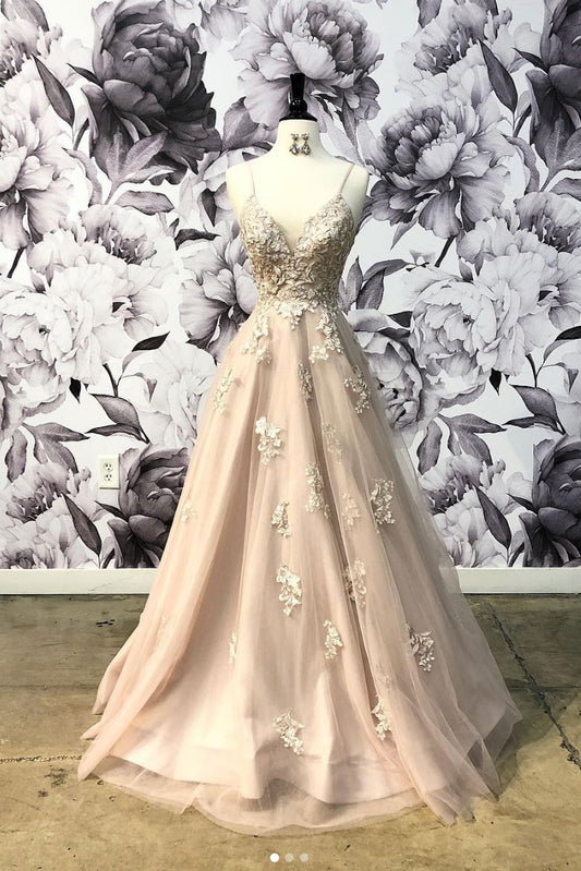 champagne v neck tulle lace long prom dress, champagne evening dress
