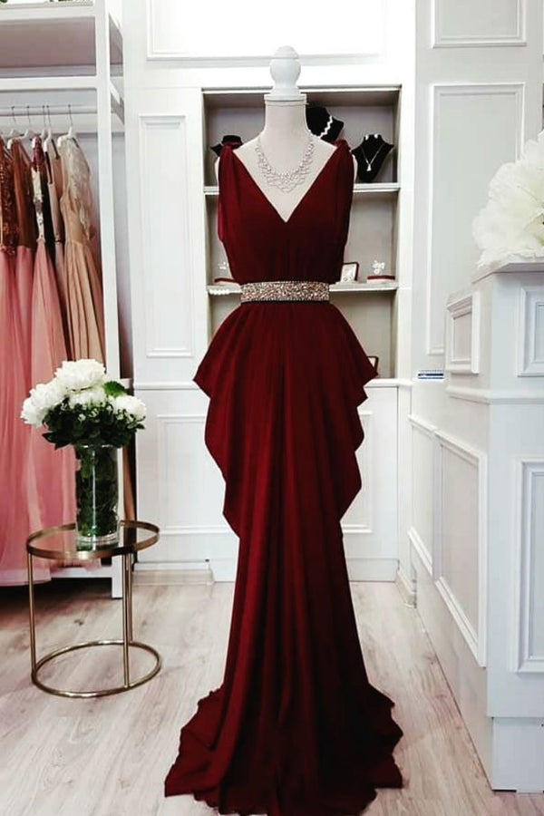 Simple burgundy chiffon long prom dress, burgundy evening dress