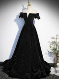 Black A-line Off Shoulder Velvet Long Prom Dress, Velvet Formal Evening Dress