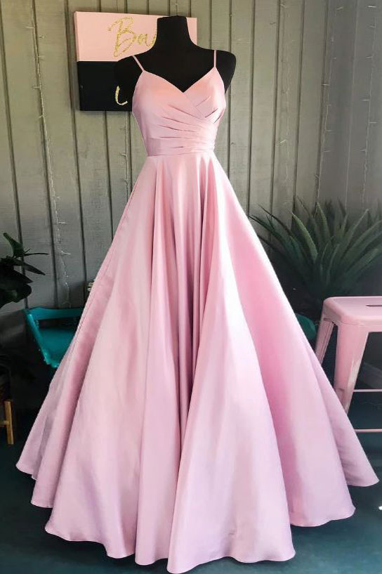 Simple v neck pink satin long prom dress pink formal dress