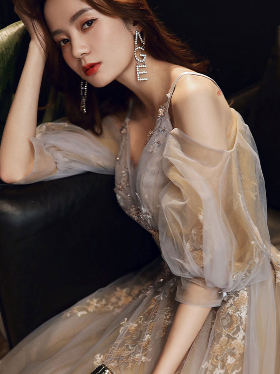 Champagne v neck tulle long prom dress, champagne evening dress