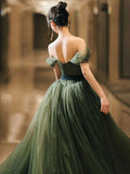 Simple green A line tulle off shoulder long prom dress, green evening dress