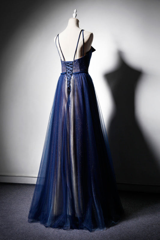 Dark blue tulle long prom dress, dark blue evening dress