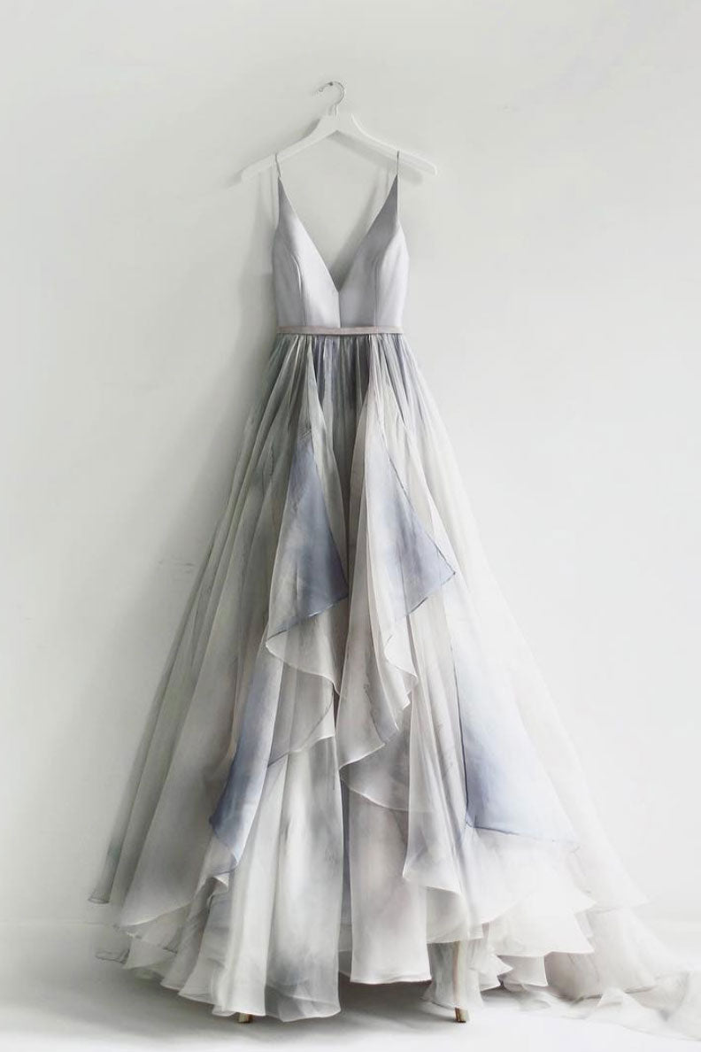 Unique v neck chiffon long prom dress, chiffon evening dress