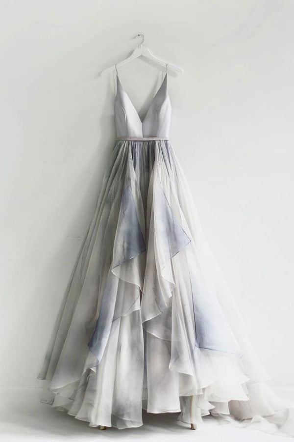 Unique v neck chiffon long prom dress, chiffon evening dress