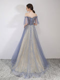 A-Line Tulle Blue Long Prom Dresses, Sequin Long Graduation Dress