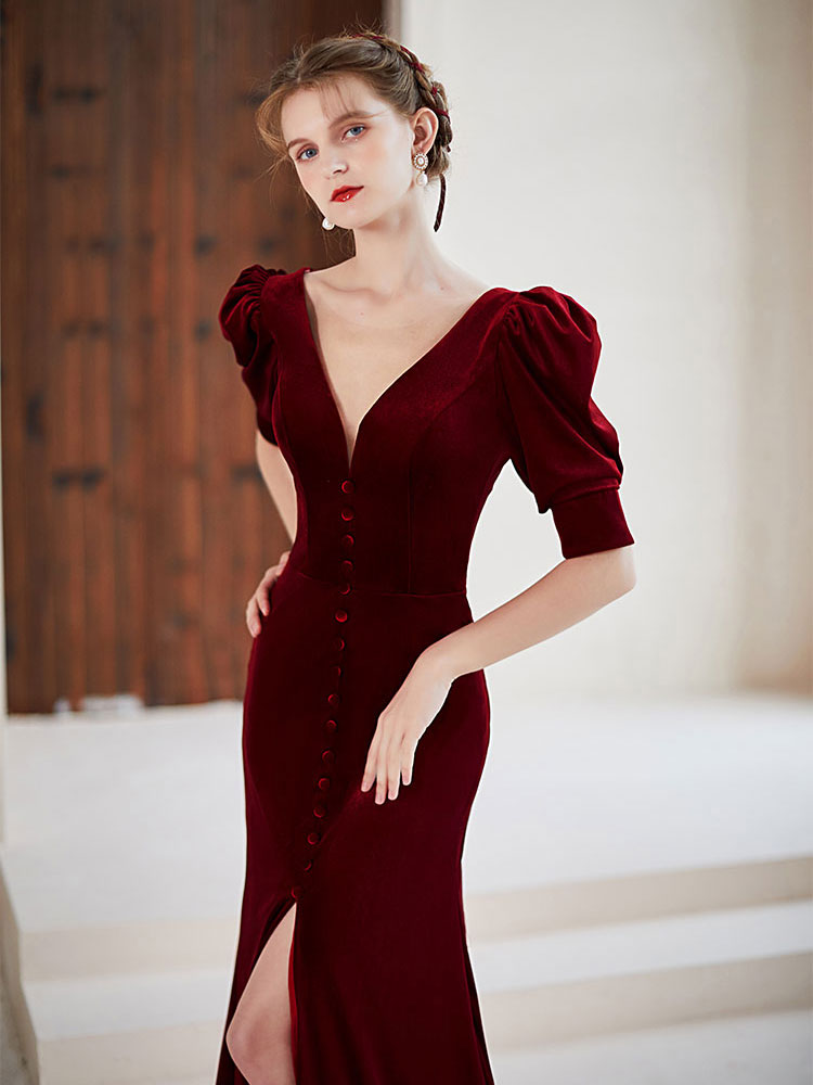 Burgundy V neck Velvet Long Prom Dress, Burgundy Formal Evening Dress