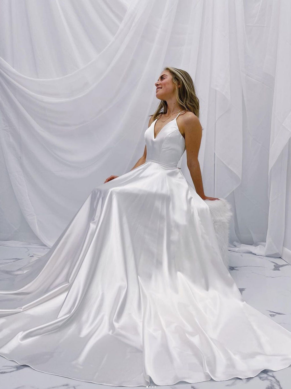 Simple white v neck satin long prom dress, white A line evening dress