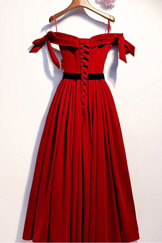 Simple burgundy tea Length prom dress, burgundy evening dress