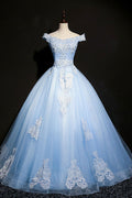 Blue v neck tulle beads long prom dress, blue evening dress
